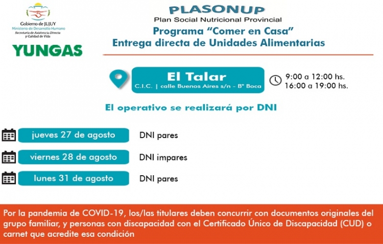 Desde hoy se entregan unidades alimentarias en El Talar y Puesto Viejo