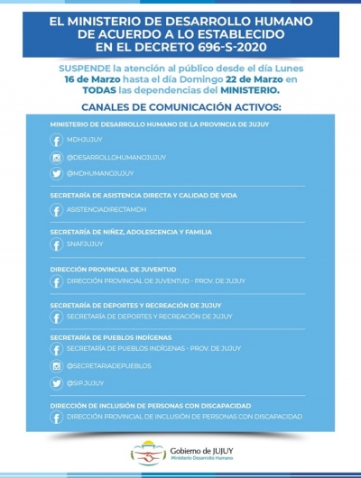 El Ministerio de Desarrollo Humano suspende atenci&oacute;n al p&uacute;blico pero mantiene abiertas v&iacute;as telef&oacute;nicas y digitales