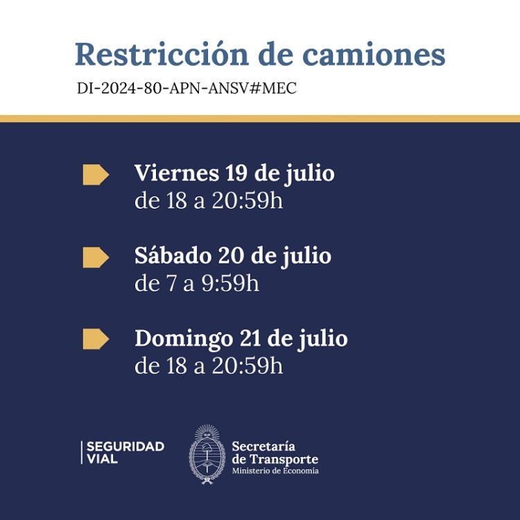 Este fin de semana estar&aacute; restringida la circulaci&oacute;n de camiones en rutas nacionales