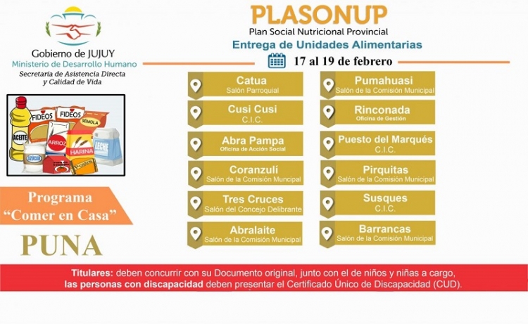 Desde ayer se realiza la entrega de unidades alimentarias en la puna