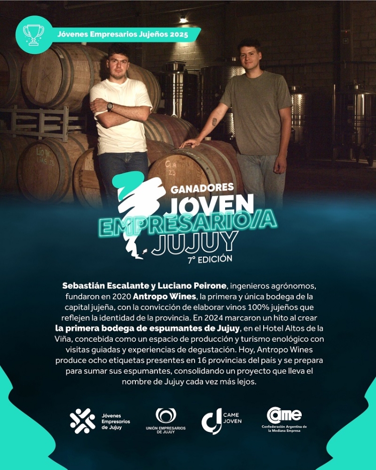 Sebasti&aacute;n Escalante y Luciano Peirone de Antropo Wines, J&oacute;venes Empresarios Juje&ntilde;os 2025