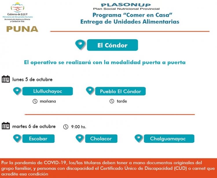 Titulares de Barrios, El C&oacute;ndor y La Quiaca recibir&aacute;n unidades alimentarias