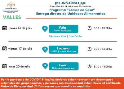 Desde el jueves 16 de julio entregar&aacute;n unidades alimentarias en Yala, Lozano y Le&oacute;n