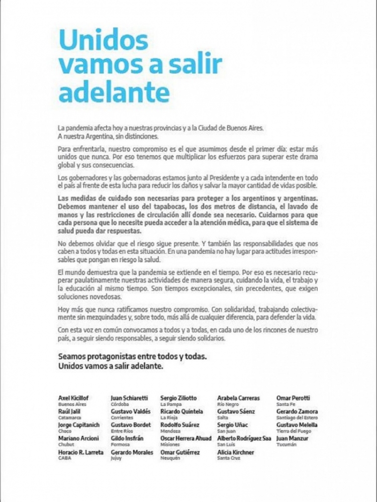 Los 24 gobernadores pidieron unidad "sin mezquindades" para "reducir los da&ntilde;os" de la pandemia