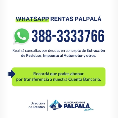 La direcci&oacute;n de rentas municipal habilit&oacute; l&iacute;nea de whatsapp para consultas y pago de tributos