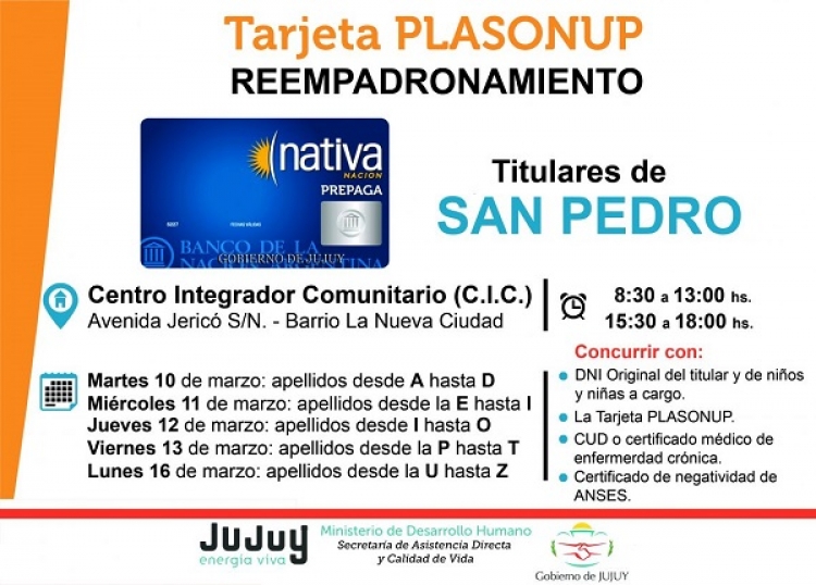 Reempadronamiento de tarjeta Plasonup en San Pedro de Jujuy
