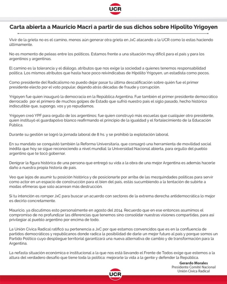Carta abierta de Morales a Macri por sus dichos sobre Yrigoyen