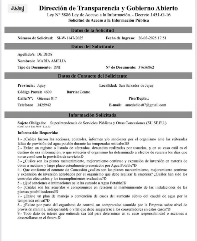 Pedido de informe a SUSEPU y Agua Potable por los cortes de agua en Jujuy