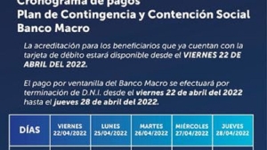 Cronograma de pagos para beneficiarios del Plan de Contingencia