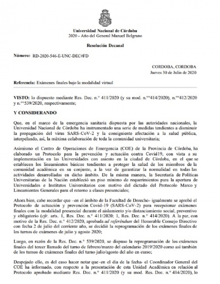Ex&aacute;menes virtuales para quienes estudian derecho en C&oacute;rdoba