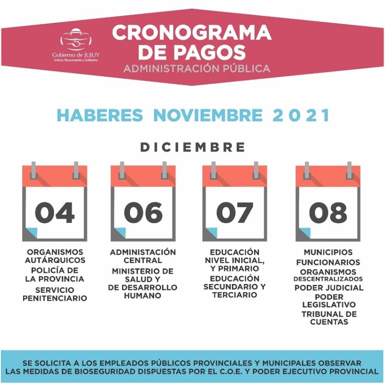El s&aacute;bado 4 de diciembre comienza el Cronograma de Pagos