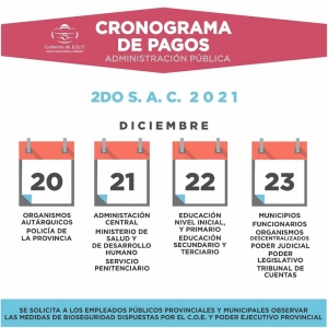 El lunes 20 de diciembre comienza el Cronograma de Pagos 2do S.A.C 2021