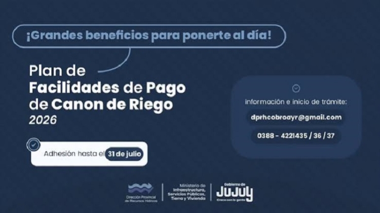 Canon de riego: &uacute;ltimo mes para adherirse al Plan de Facilidades de Pago