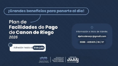 Canon de riego: &uacute;ltimo mes para adherirse al Plan de Facilidades de Pago