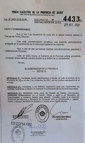 D&iacute;a de los Fieles Difuntos . El 2 de noviembre habr&aacute; asueto provincial