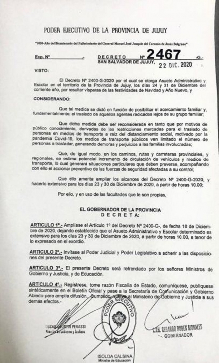 Asueto para 23, 24, 30 y 31 de diciembre