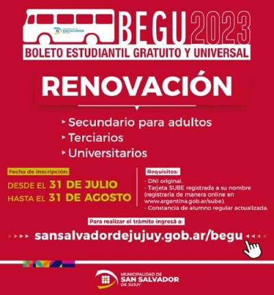 Inicia el per&iacute;odo de renovaci&oacute;n para el Boleto Estudiantil Gratuito y Universal (BEGU)