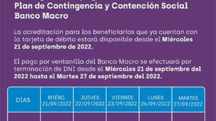 Cronograma de pagos para beneficiarios del Plan de Contingencia
