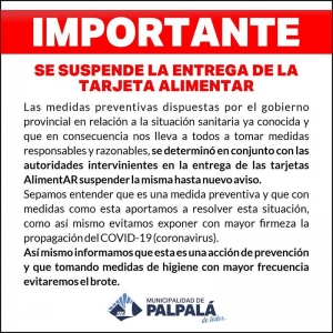 Se suspende la entrega de Tarjetas Alimentarias en Palpala y Tilcara