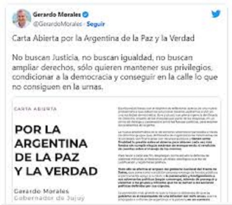 Gerardo Morales public&oacute; una carta abierta