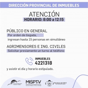 Nuevo horario de atenci&oacute;n en la Direcci&oacute;n Provincial de Inmuebles